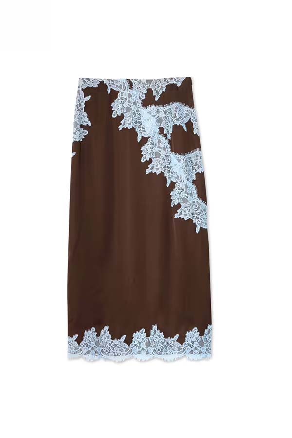 Cardydony Women's  Sunday Social Contrast Color Satin Lace Trim Mid Rise Maxi Skirt