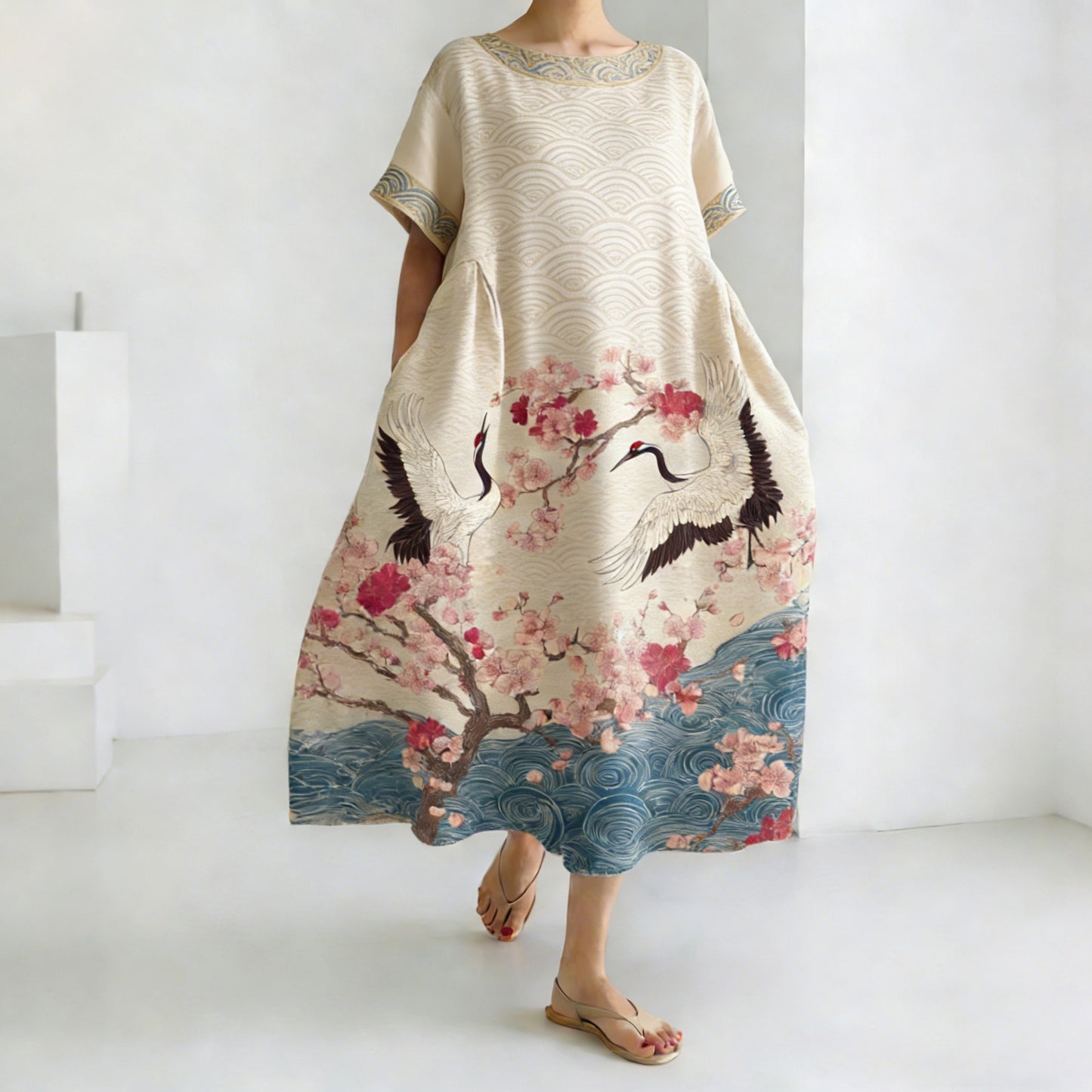 Cardydony Women's Comfortable Dress With Japanese-style Flying Crane Floral And Water Ripple Pattern
