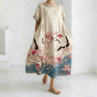 Cardydony Women's Comfortable Dress With Japanese-style Flying Crane Floral And Water Ripple Pattern