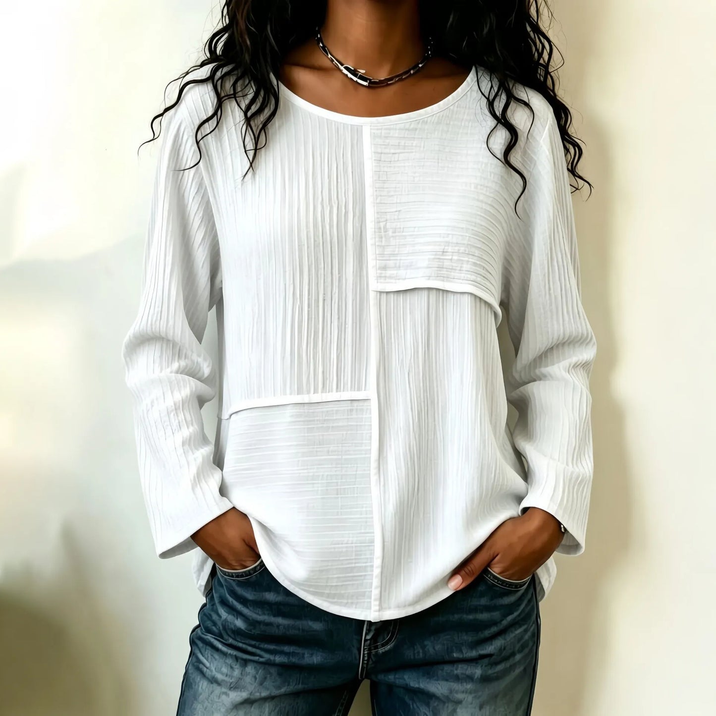 Cardydony Women's Textured Striped Patchwork Loose Batwing Sleeve Casual Blouse
