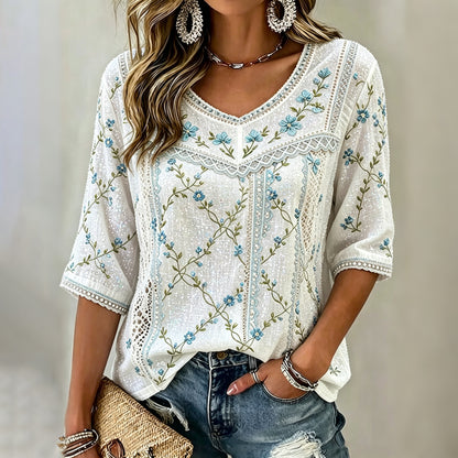 Cardydony Women's Retro Floral Embroidered Art Flowy Linen Blend Three Quarter Sleeves T-shirt