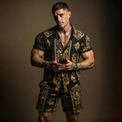 Cardydony Men's Fashion Baroque Pattern Cuban Shirt And Shorts Two-piece Set