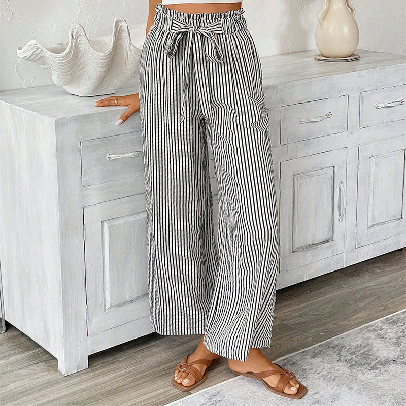 Cardydony Casual Bud Waistband Striped Straight Linen Pants