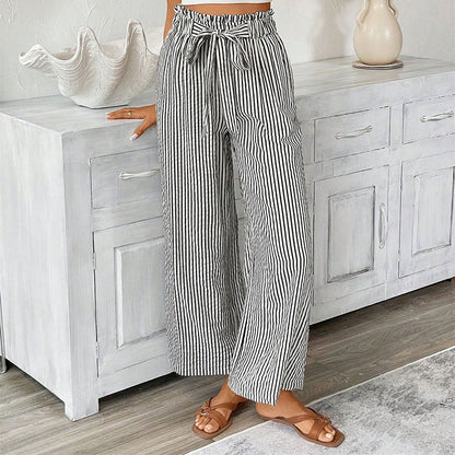 Cardydony Casual Bud Waistband Striped Straight Linen Pants