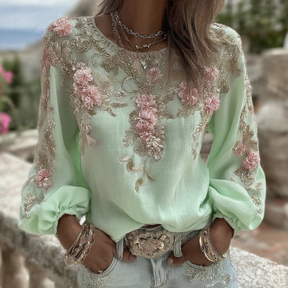 Cardydony Women's Vintage Pink Rose Embroidery Art Round Neck Long Sleeve Linen Blend T-shirt