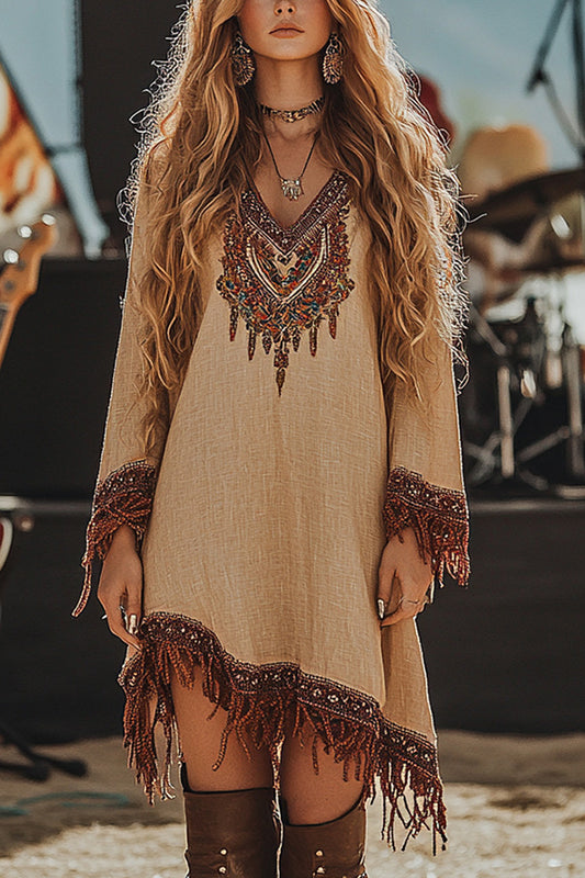 Cardydony Women's Unique Printed V-Neck Long Sleeve Fringe Loose Mini Dress
