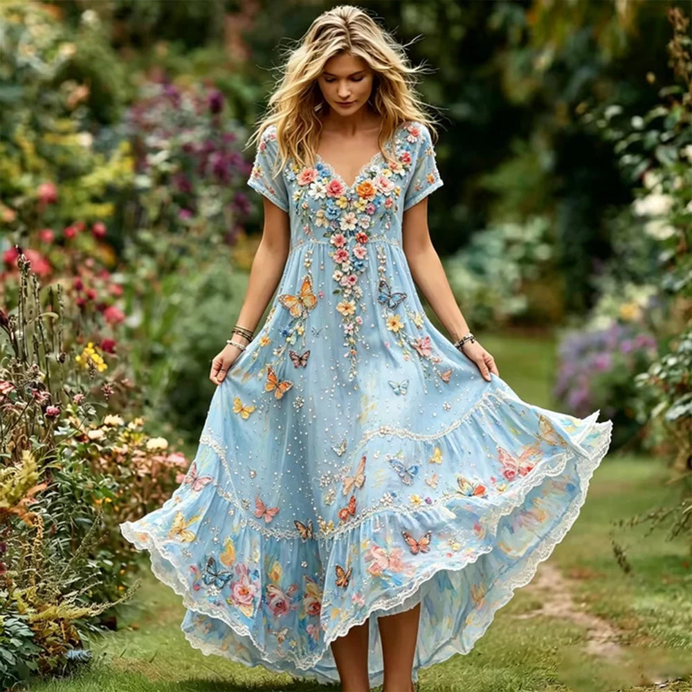 Cardydony Women's Floral And Butterfly Art Linen Blend Casual Short Sleeve Dress