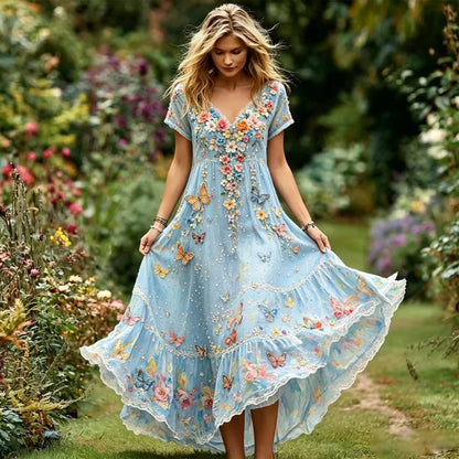 Cardydony Women's Floral And Butterfly Art Linen Blend Casual Short Sleeve Dress