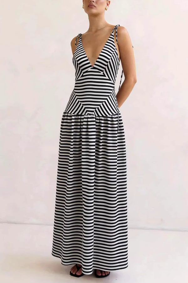 Cardydony Women's  Striped Print V-neck Sleeveless Casual Vacation Maxi Dress