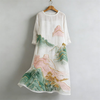 Cardydony Classy Japanese Mountains Landscape Flowy Linen Maxi Dress