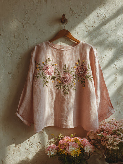 Cardydony Retro Rose Embroidery Pattern Linen Long Sleeve Tops