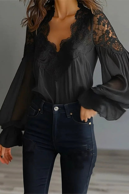 Cardydony Women's Fashionable Patchwork Lace V-neck Puff Sleeve Loose Shirt