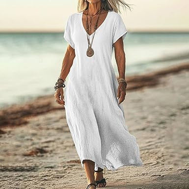 Cardydony Women's Solid Color V-neck Linen Blend Short Sleeve Dress