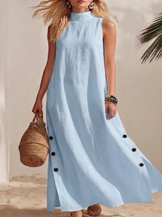 Cardydony Women's Solid Color Stand Collar Sleeveless Button Slit Linen Blend Midi Dress