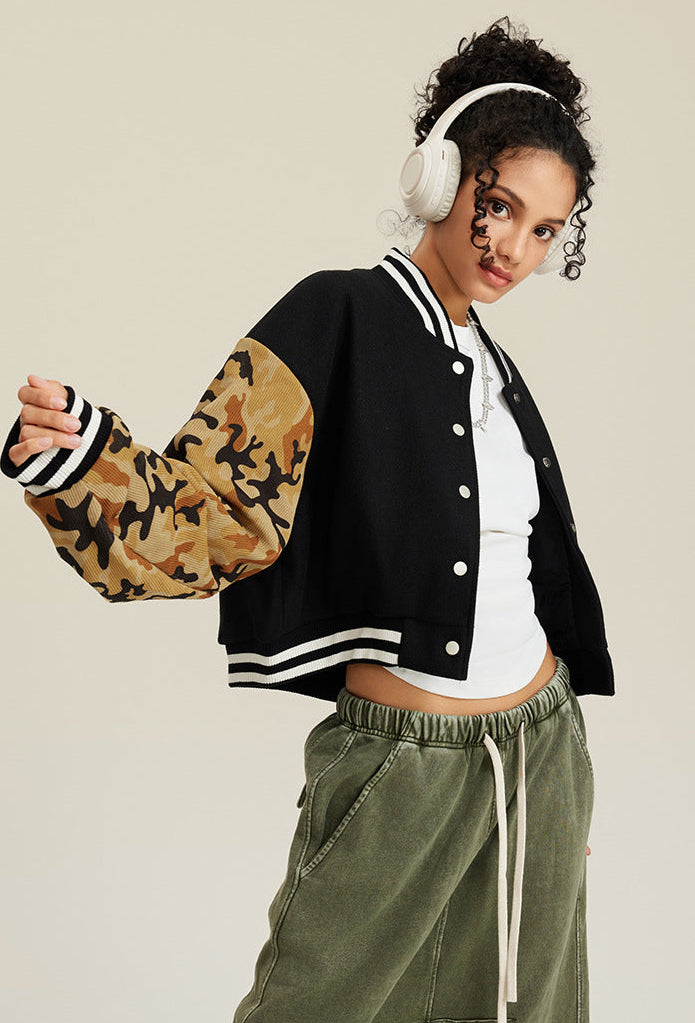Cardydony Women's Cropped Varsity Jacket | Camo Sleeve Street Style