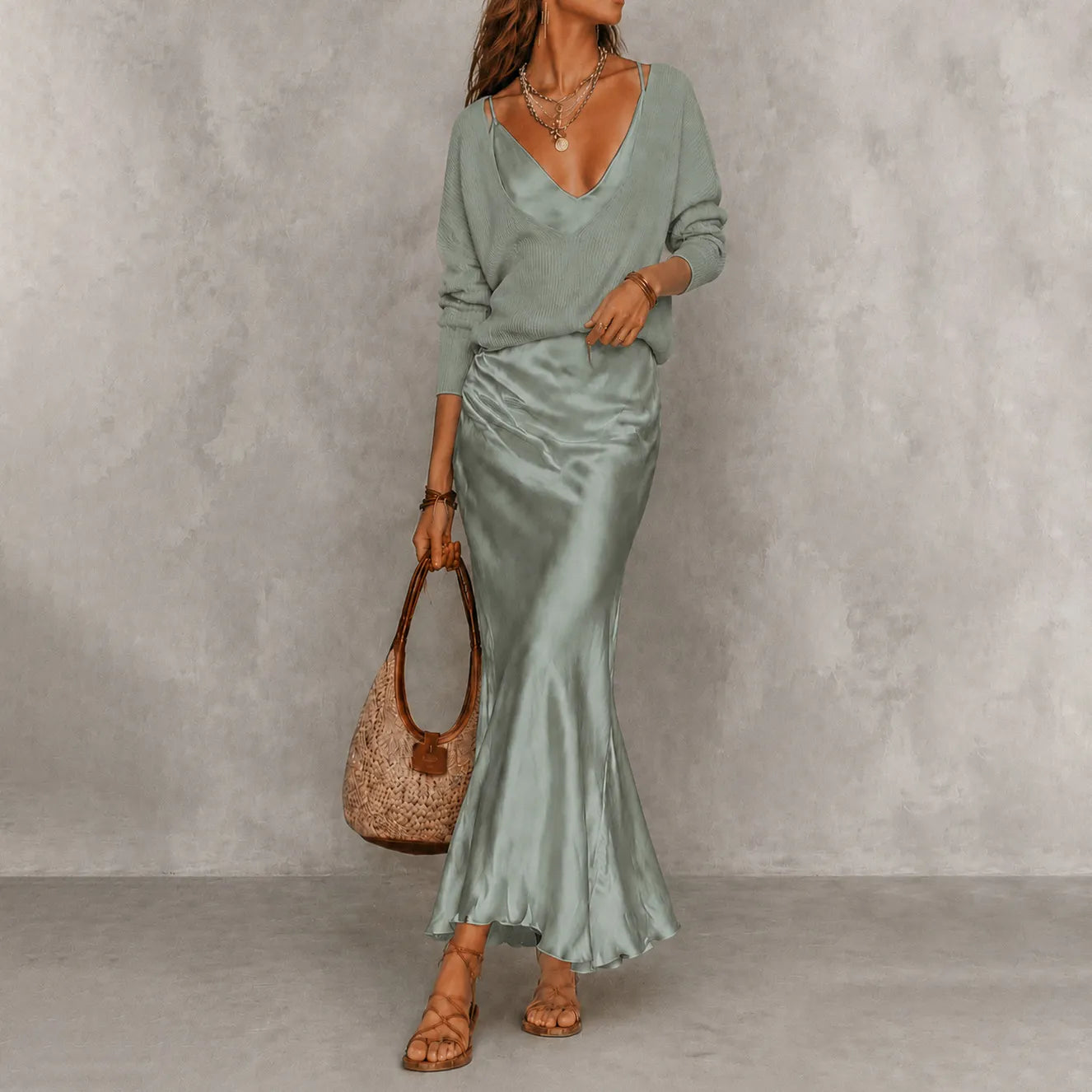 Cardydony Elegance Long-sleeved Knit Top + Satin Slip Dress Two-piece Set