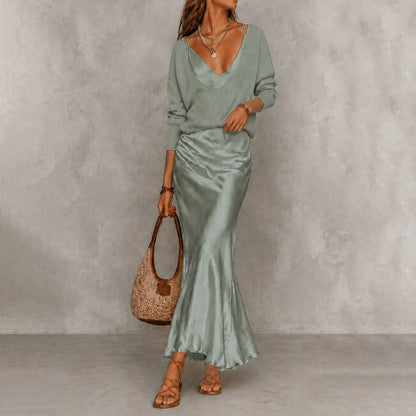 Cardydony Elegance Long-sleeved Knit Top + Satin Slip Dress Two-piece Set
