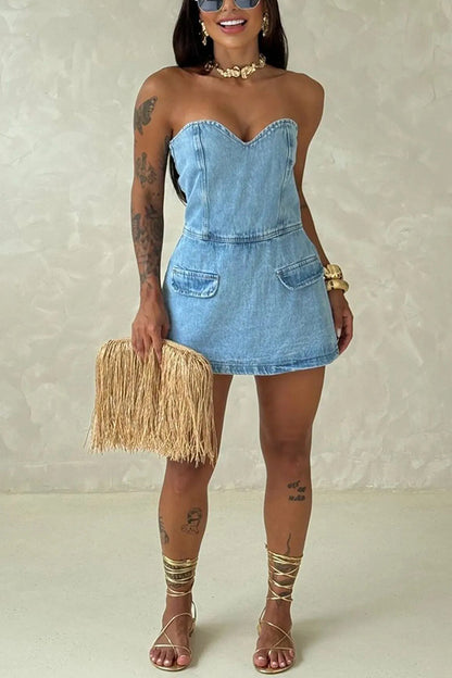 Cardydony Women's  Avantie Denim Off Shoulder Back Smocked Zipper Romper