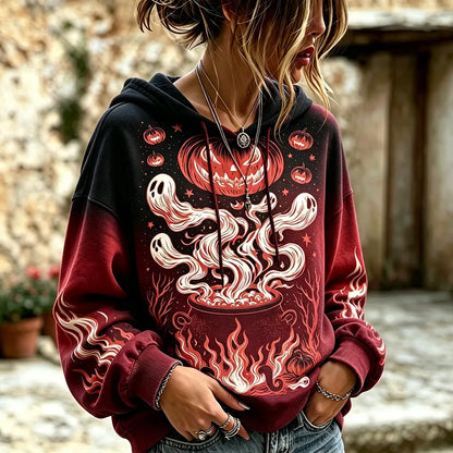Cardydony Women's Halloween Graphic Hooded Sweatshirt - Spooky Ghost And Pumpkin Print Pullover Hoodie