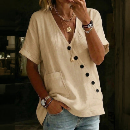 Cardydony Women's Solid Color V-neck Button Pocket Linen Blend T-shirt