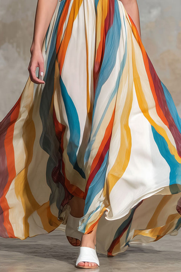 Cardydony Women's  Multi-colored Striped Print V-neck Sleeveless Fitted Waist Vacation Maxi Dress