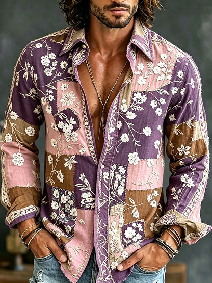 Cardydony Men's Retro Floral Patchwork Color Block Long-sleeve Shirt