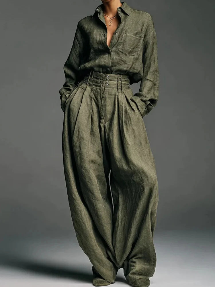 Cardydony Vintage Classy Blouse & Trousers Linen Two Piece Set