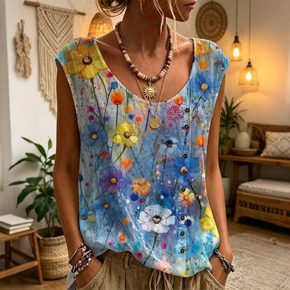 Cardydony Women's Ethnicity Bohemia Flowers Tie Dye Art Print Cotton Blend Tank Top