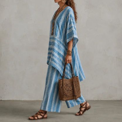 Cardydony Elegance V-neck Loose Striped Top + Loose Wide-leg Pants Two-piece Set
