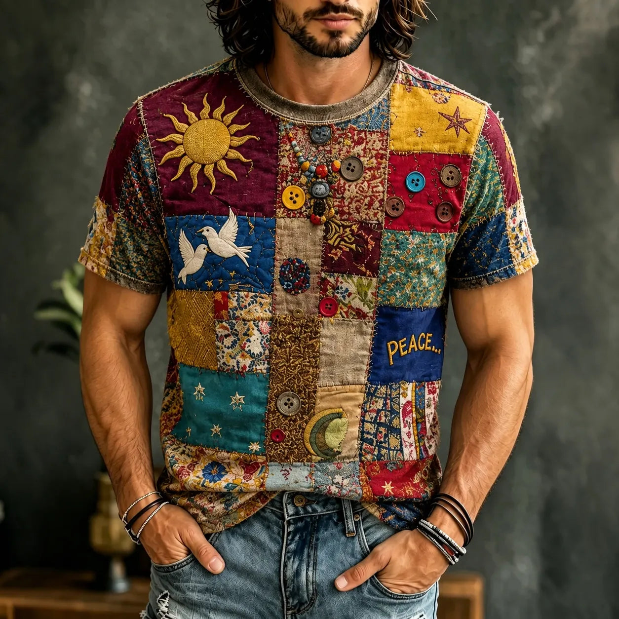 Cardydony Men's Retro Hippie Pattern Art Casual Short-sleeve T-shirt