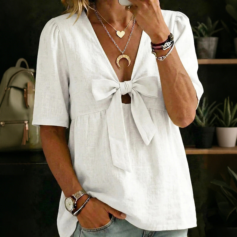 Cardydony Women's Vintage Bow Design Cotton Linen Shirt