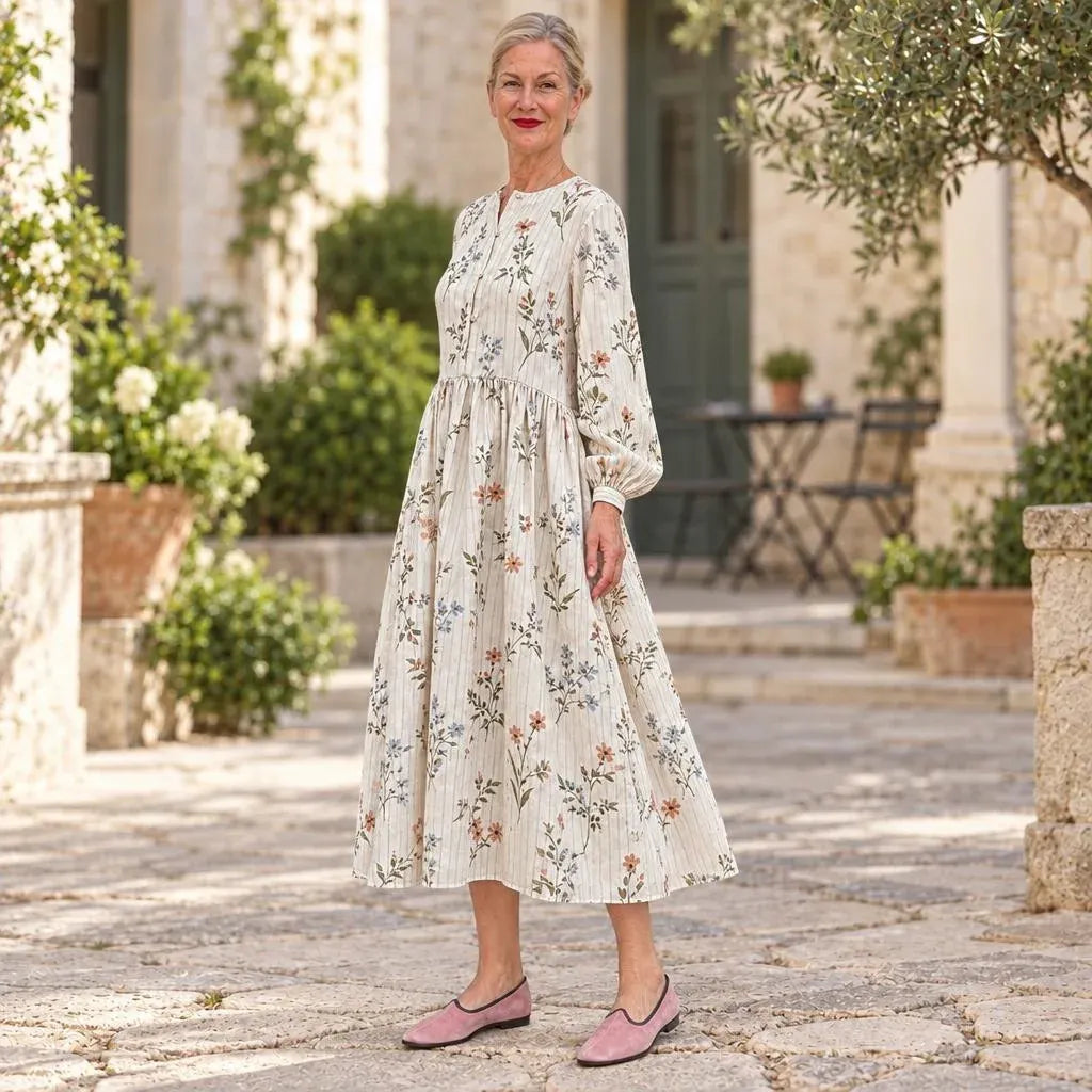 Cardydony Women's Vintage Dainty Floral Print Loose Fit Long Sleeve Gathered Waist Midi Dress