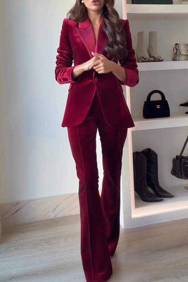 Cardydony Women's Delicate Daze Velvet Satin Lapel Button Up Long Sleeve Tapered Waist Blazer