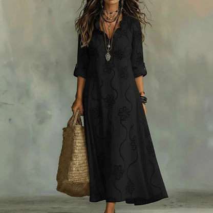Cardydony Casual Lace Embroidered Linen Maxi Dress