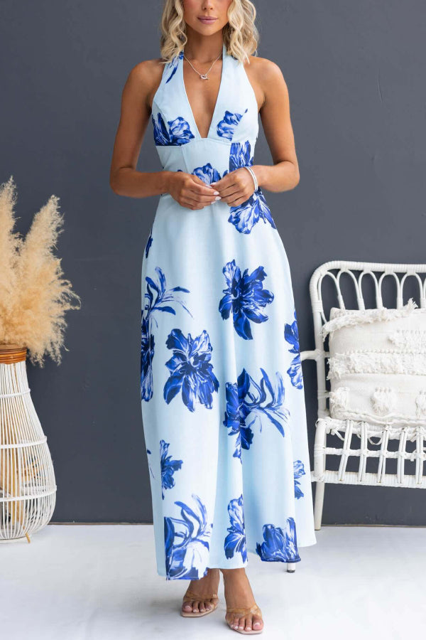 Cardydony Women's Floral Print V-neck Backless Tie-up Fitted Waist Elegant Maxi Dress