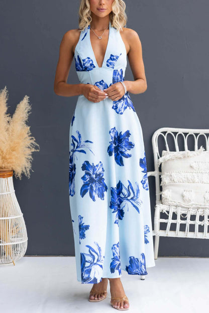 Cardydony Women's Floral Print V-neck Backless Tie-up Fitted Waist Elegant Maxi Dress