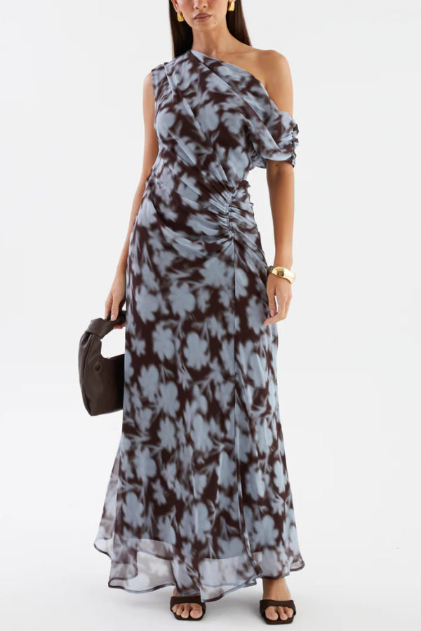 Cardydony Women's Unique Print Asymmetrical Off-Shoulder Pleated Waist Casual Maxi Dress