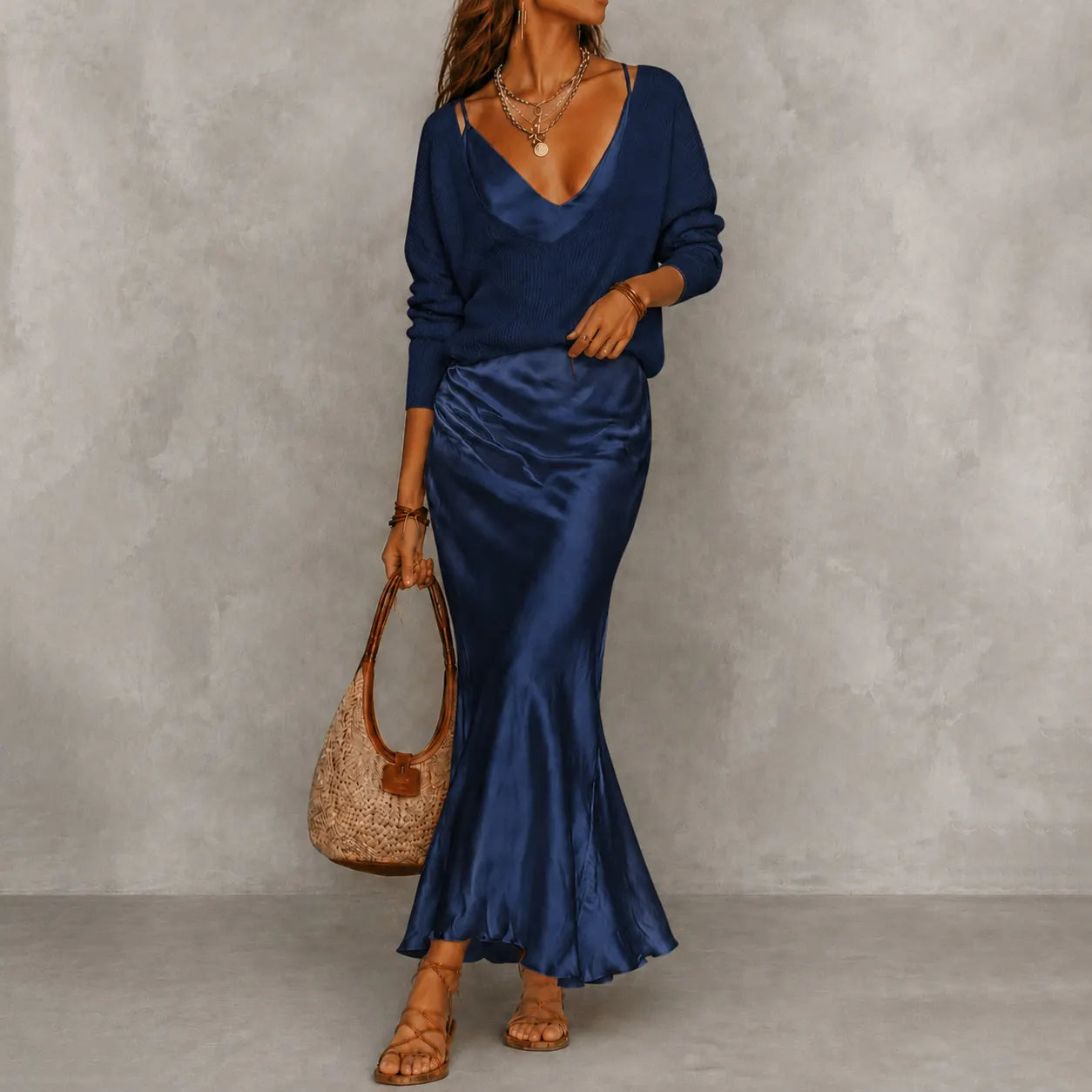 Cardydony Elegance Long-sleeved Knit Top + Satin Slip Dress Two-piece Set