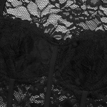 Cardydony Women's Black Lace Bodysuit - Long Sleeve Corset Style with Built-In Cups