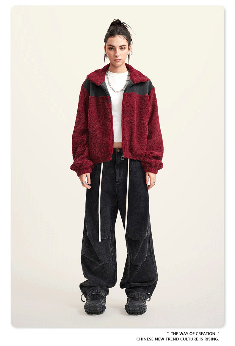 Cardydony Women's Cropped Fleece Jacket | Contrast Collar Winter Warm