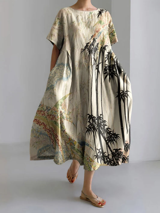 Cardydony Women's Vintage Japanese Art Print Short Sleeve Midi Dress