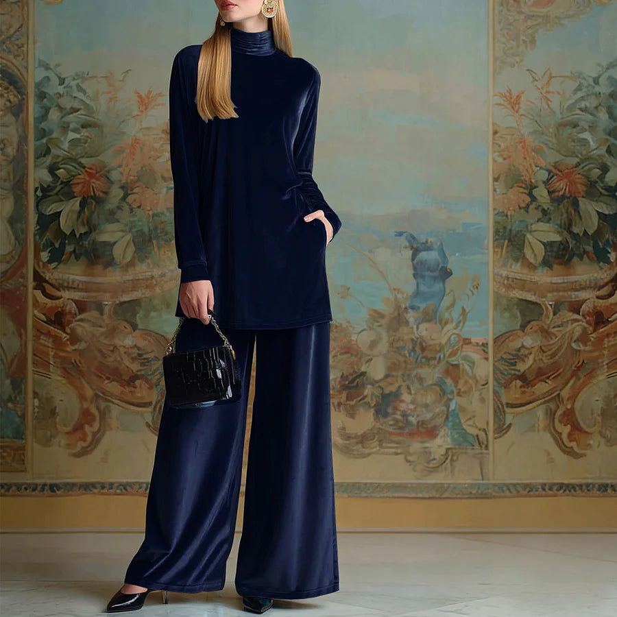 Cardydony Classy Velvet Turtleneck Slit Top & Wide Leg Pants Set