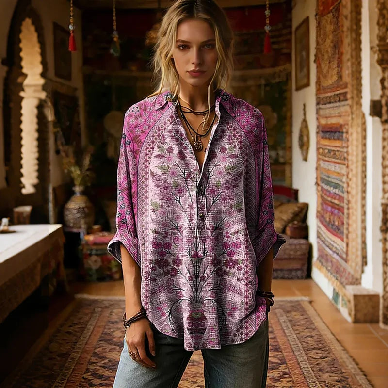 Cardydony Women's Retro Ethnic Floral Pattern Art Print Casual Long-sleeved Shirt