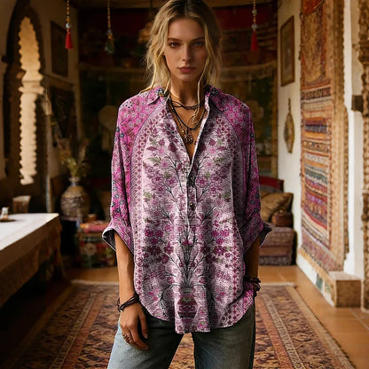 Cardydony Women's Retro Ethnic Floral Pattern Art Print Casual Long-sleeved Shirt