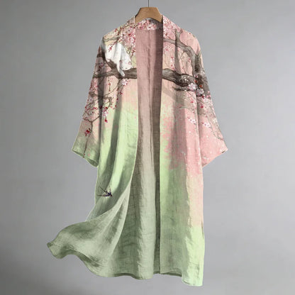 Cardydony Women's Japanese Cherry Blossom And Cat Art Linen Long Kimono