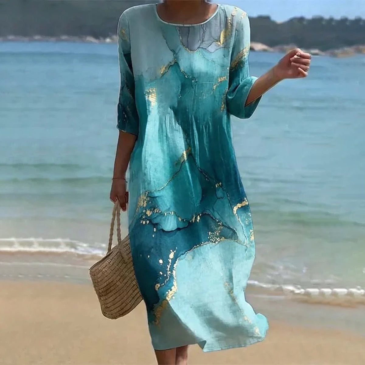 Cardydony Vintage Marble Pattern Art Pattern Linen Blend Loose Three-quarter Sleeve Dress