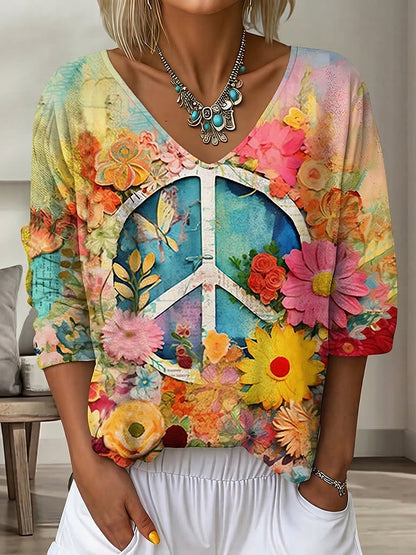 Cardydony Women's Vintage Floral In Gradient Art Print Flowy Linen Blend Three-quarter Sleeve V Neck Linen Tops