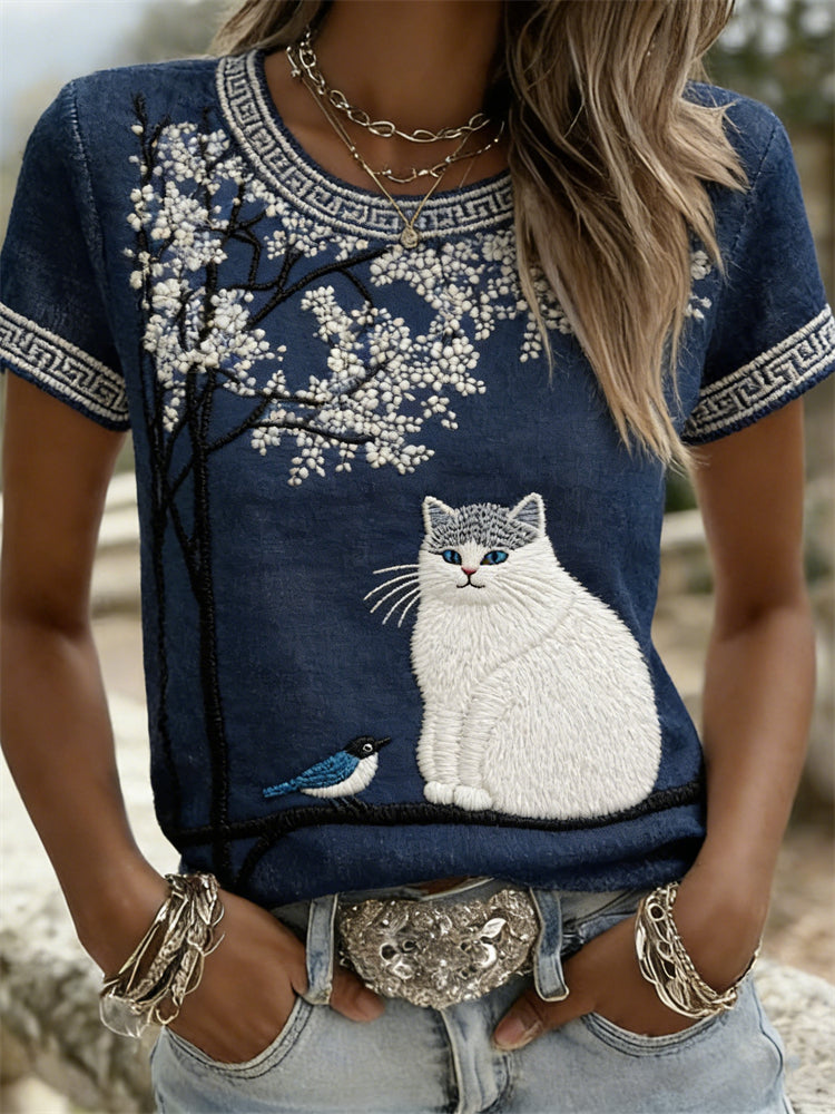 Cardydony Cat & Bird On Floral Tree Japanese Art T Shirt