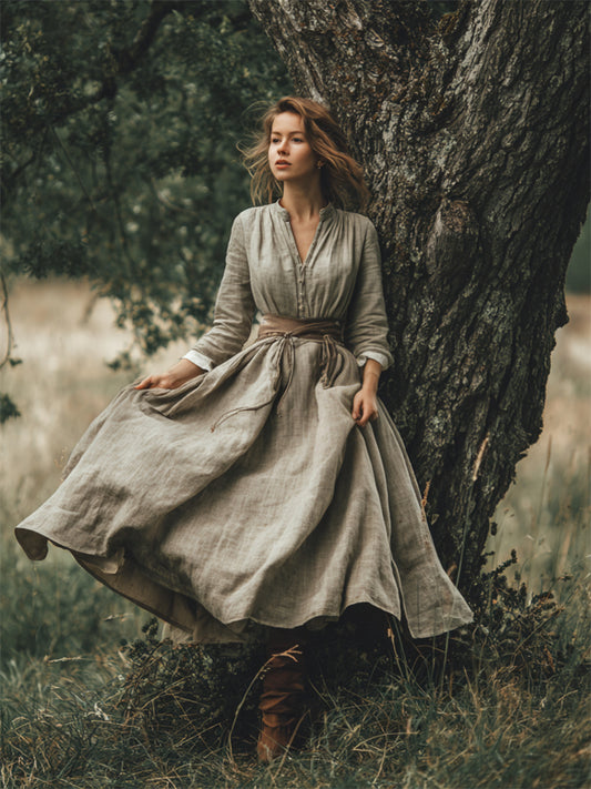 Cardydony Vintage Cottagecore Shirt Collar Flowy Linen Maxi Dress