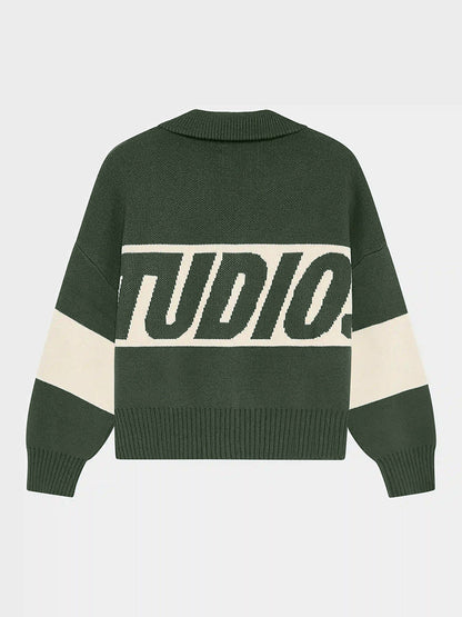 Cardydony Women's Retro Jacquard Letter Zip Up Sweater – Sporty Colorblock Knit Cardigan